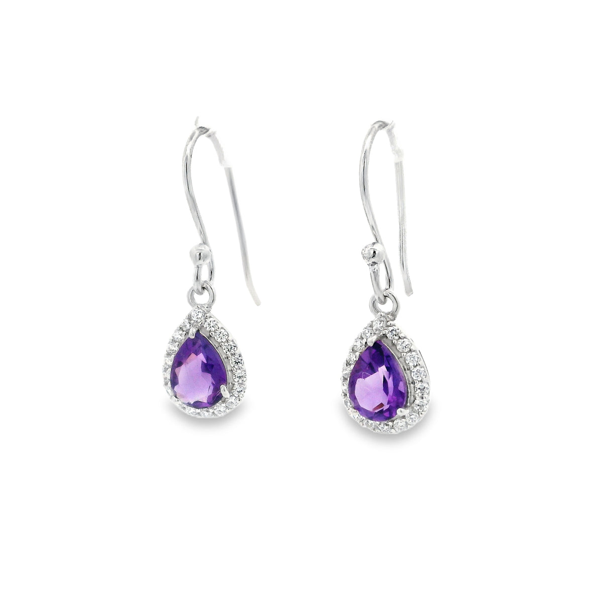 Faceted Amethyst Prong Set Dangle Earrings in CZ Halo Design with Rhodium Vermeil
