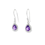 Faceted Amethyst Prong Set Dangle Earrings in CZ Halo Design with Rhodium Vermeil