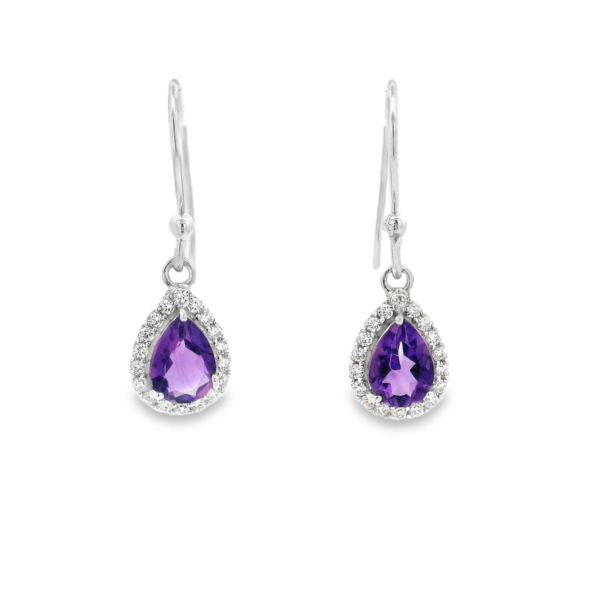 Faceted Amethyst Prong Set Dangle Earrings in CZ Halo Design with Rhodium Vermeil