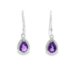 Faceted Amethyst Prong Set Dangle Earrings in CZ Halo Design with Rhodium Vermeil