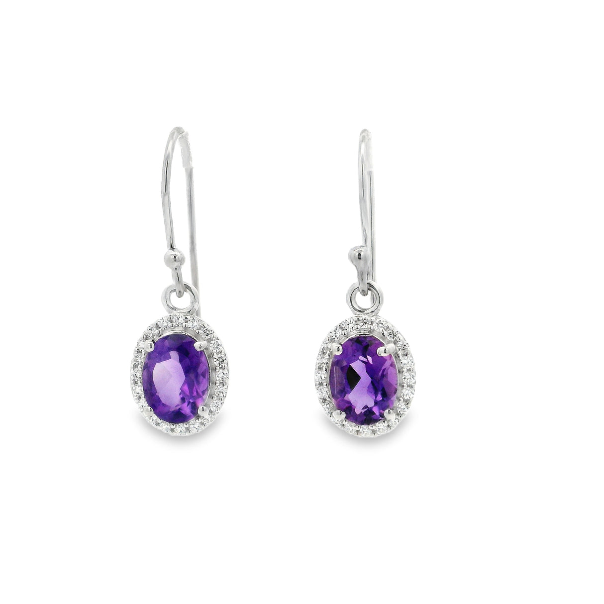 Faceted Amethyst Prong Set Dangle Earrings in CZ Halo Design with Rhodium Vermeil