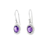 Faceted Amethyst Prong Set Dangle Earrings in CZ Halo Design with Rhodium Vermeil