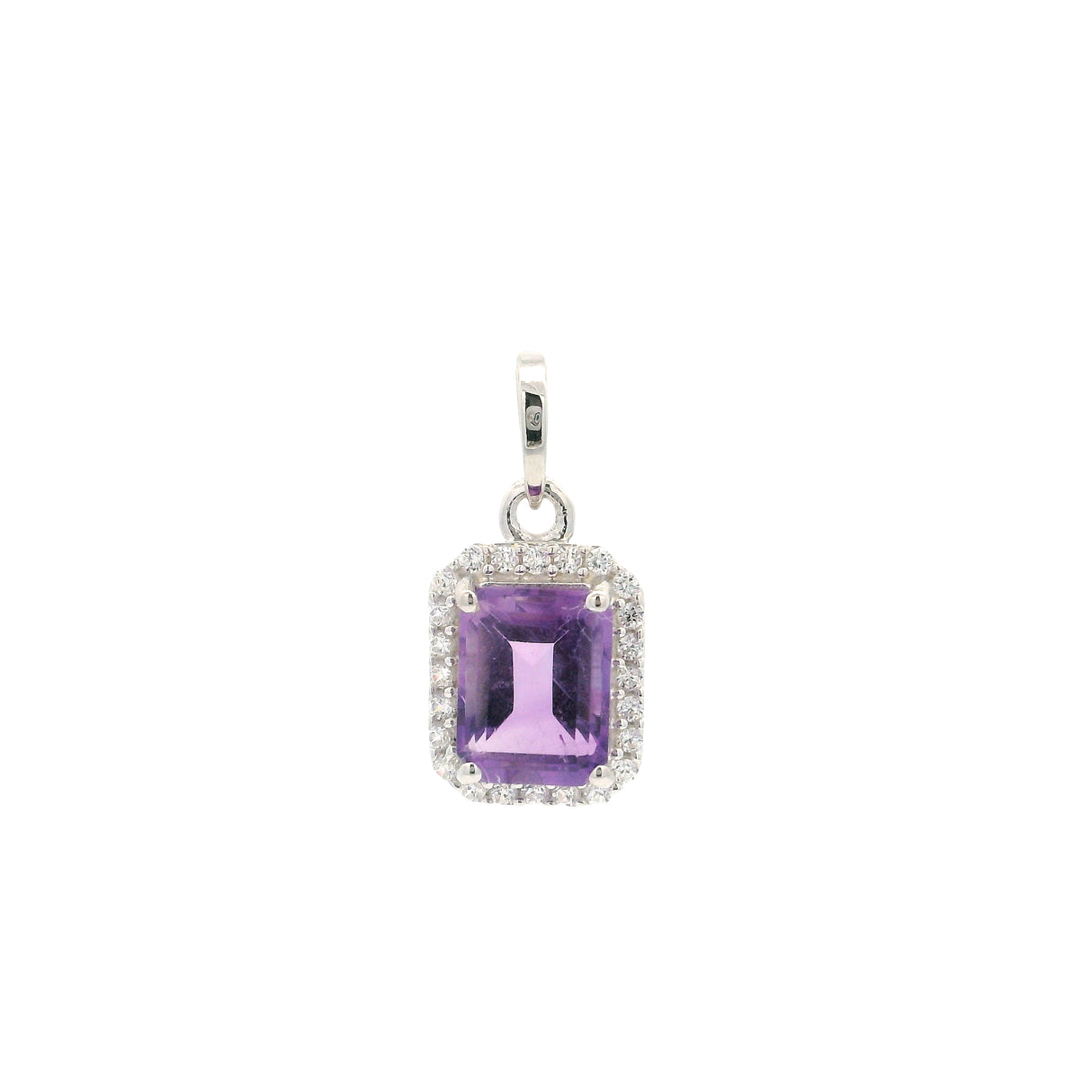 Faceted Amethyst Pendant - Rectangle Prong Set on 925 Sterling Silver Bezel with White Crystal Pave