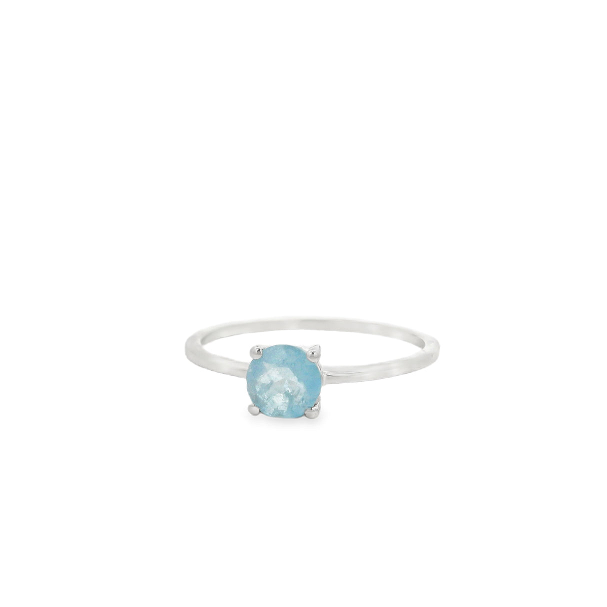 Faceted Aquamarine Ring - Prong Set Round in Rhodium Vermeil Band - 5x5