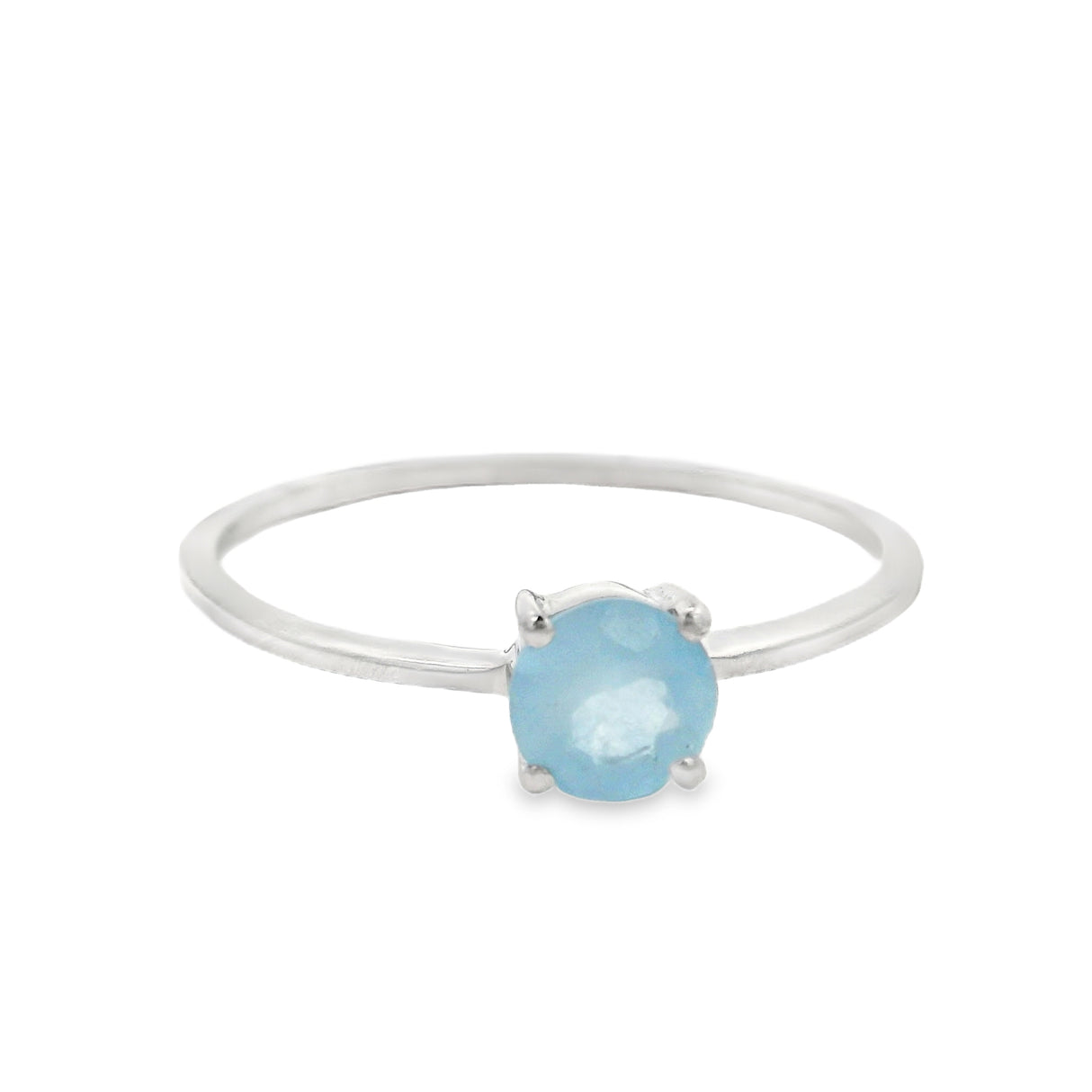 Faceted Aquamarine Ring - Prong Set Round in Rhodium Vermeil Band - 5x5