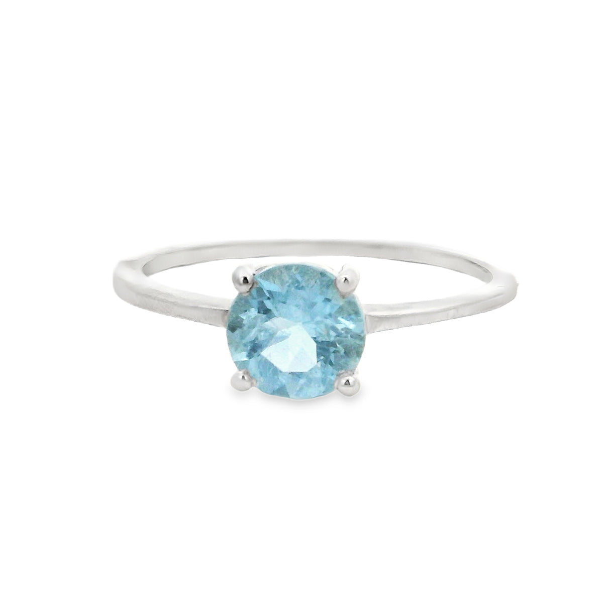 Faceted Aquamarine Ring - Prong Set Round in Rhodium Vermeil Band - 6x6
