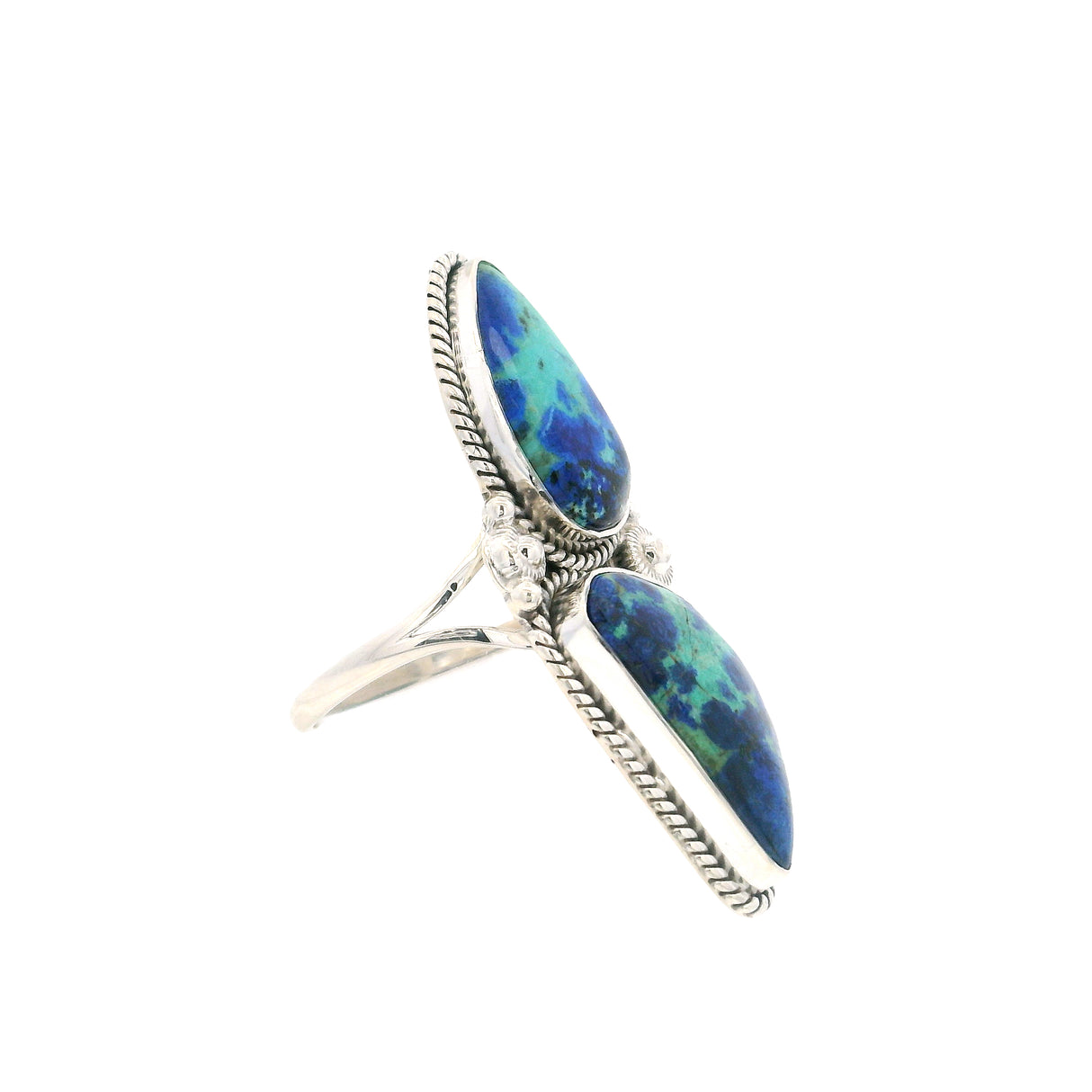 Azurite Malachite Multi Cabochon Ring Set in Rope Design Band