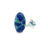 Azurite Malachite Cabochon & Faceted Blue Topaz Ring with Open Top