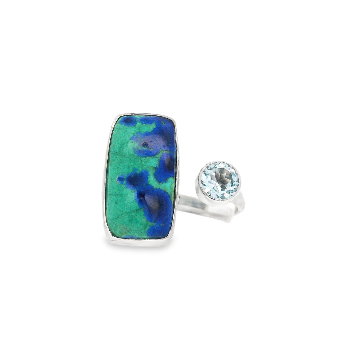 Azurite Malachite Cabochon & Faceted Blue Topaz Ring with Open Top