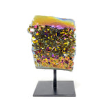 Rainbow Aura Coated Crystal Cluster on a Post Stand - Concave Rectangular Face with Smooth Top