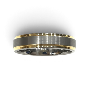 Rare Earth Gallery 6mm tungsten ring featuring a brushed grey center and polished yellow gold plated edges.