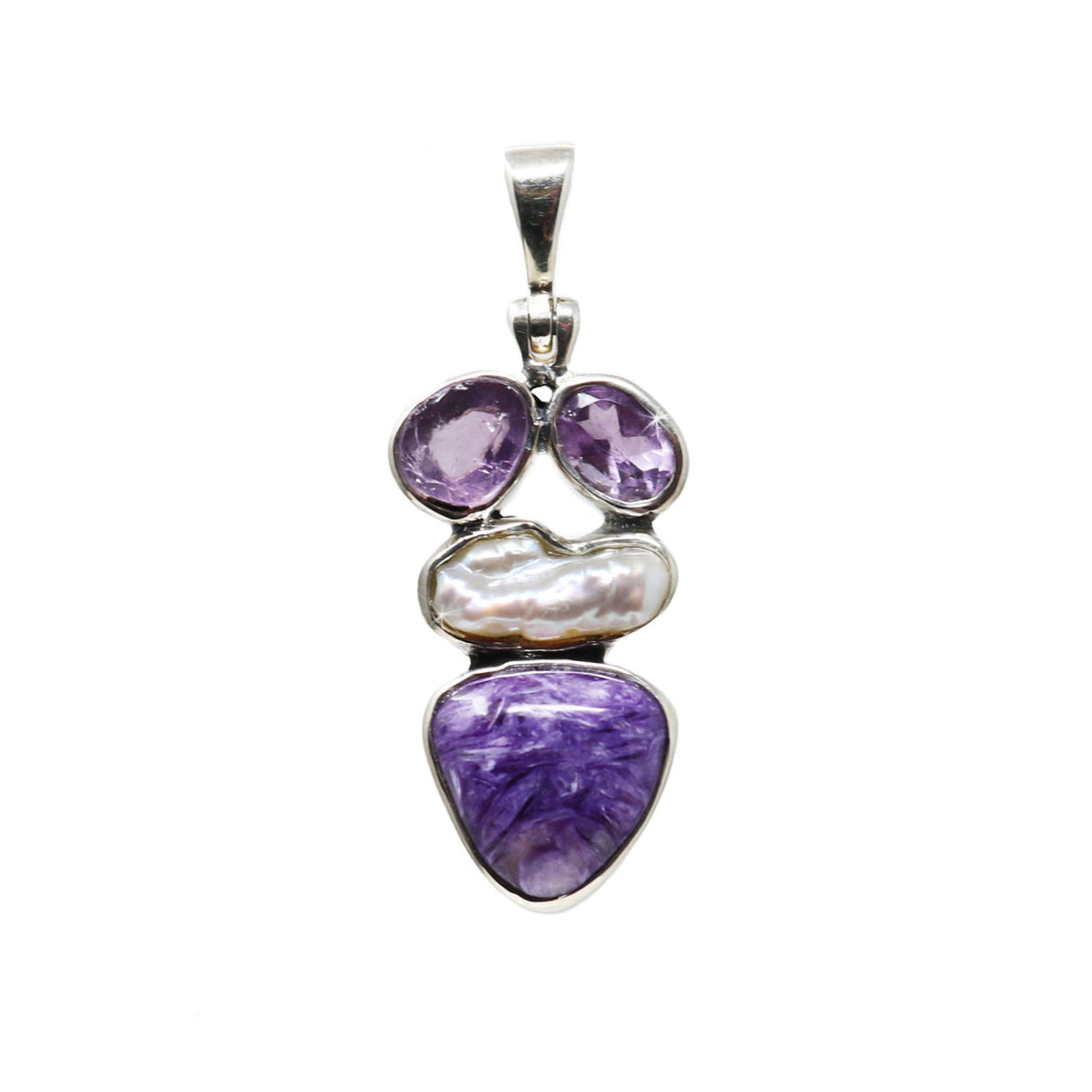 Charoite Pendant - Triangular Cabochon with Faceted & Rough Amethyst Ovals & Freshwater Pearl with 925 Sterling Silver Bezels