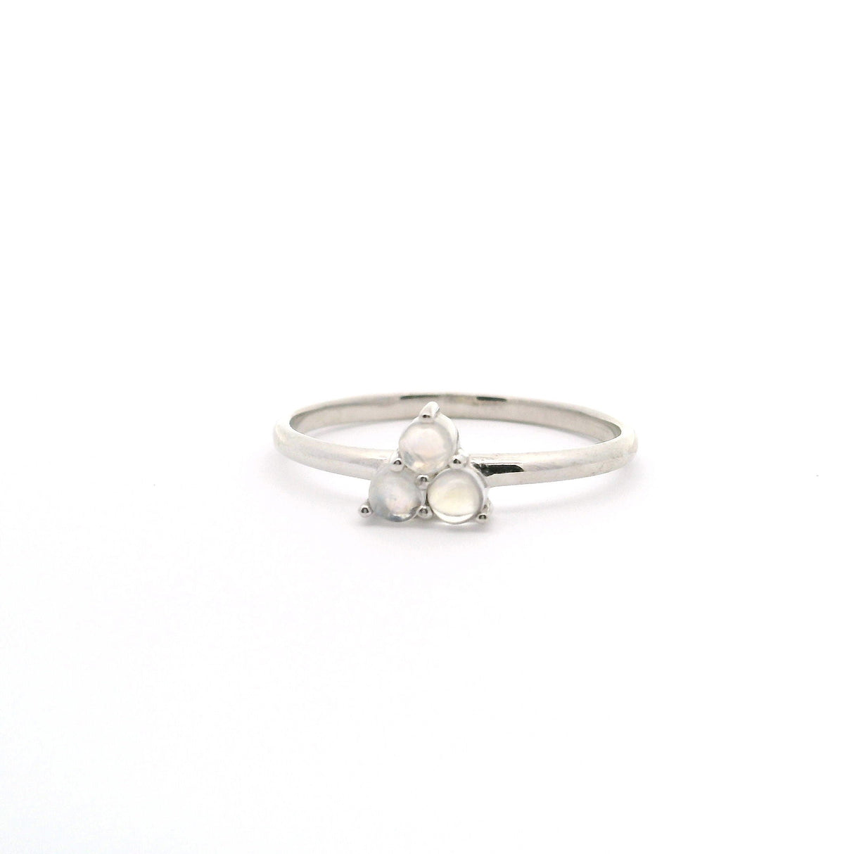 Rainbow Moonstone Ring - Triple Round Cabochons Prong Set in Simple Sterling Silver sz10