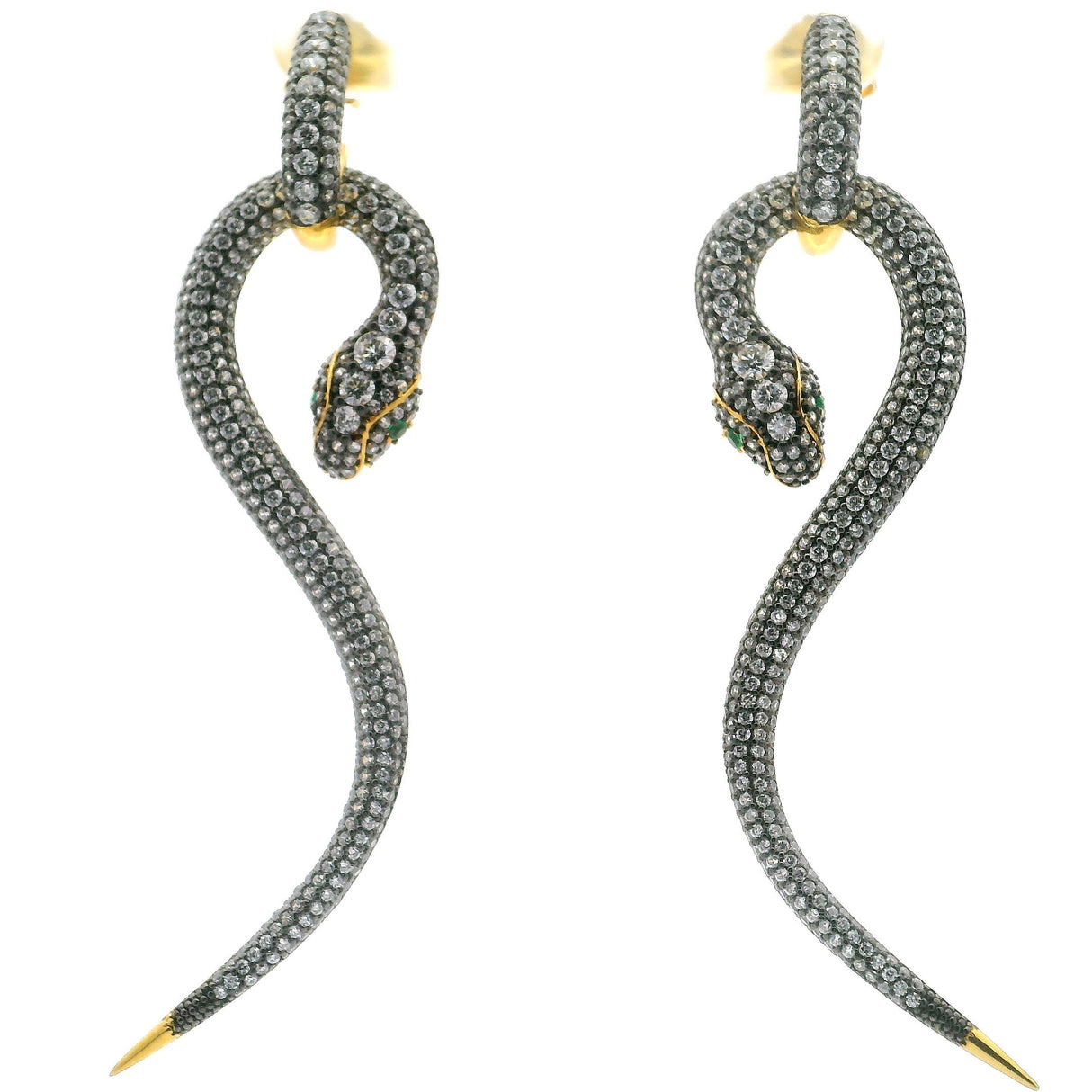 Nano Stone Dangle Earrings - Long Pink Snake with Green Eyes in Gold Vermeil over 925 Sterling Silver