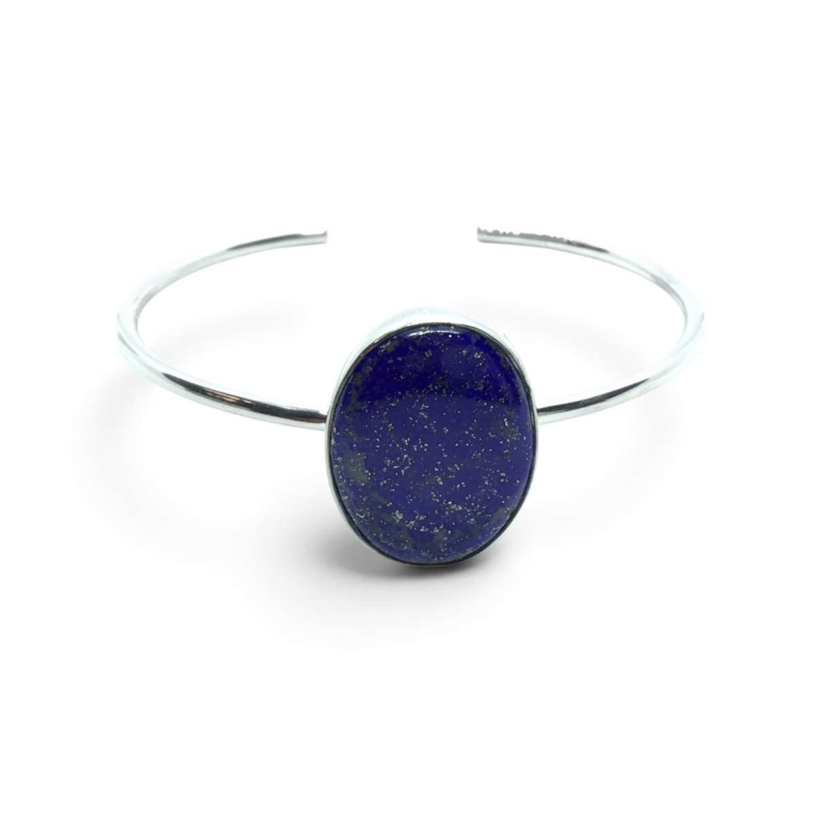 Rare Earth Gallery lapis lazuli cuff bracelet featuring a wide oval cabochon stone in a simple silver bezel setting.