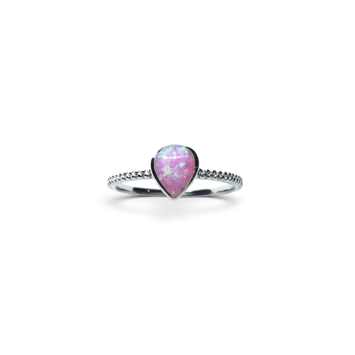 Rare Earth Gallery pear-shaped pink opal ring featuring a delicate textured silver band on a white background.
