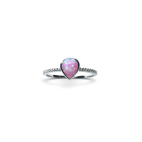 Rare Earth Gallery pear-shaped pink opal ring featuring a delicate textured silver band on a white background.