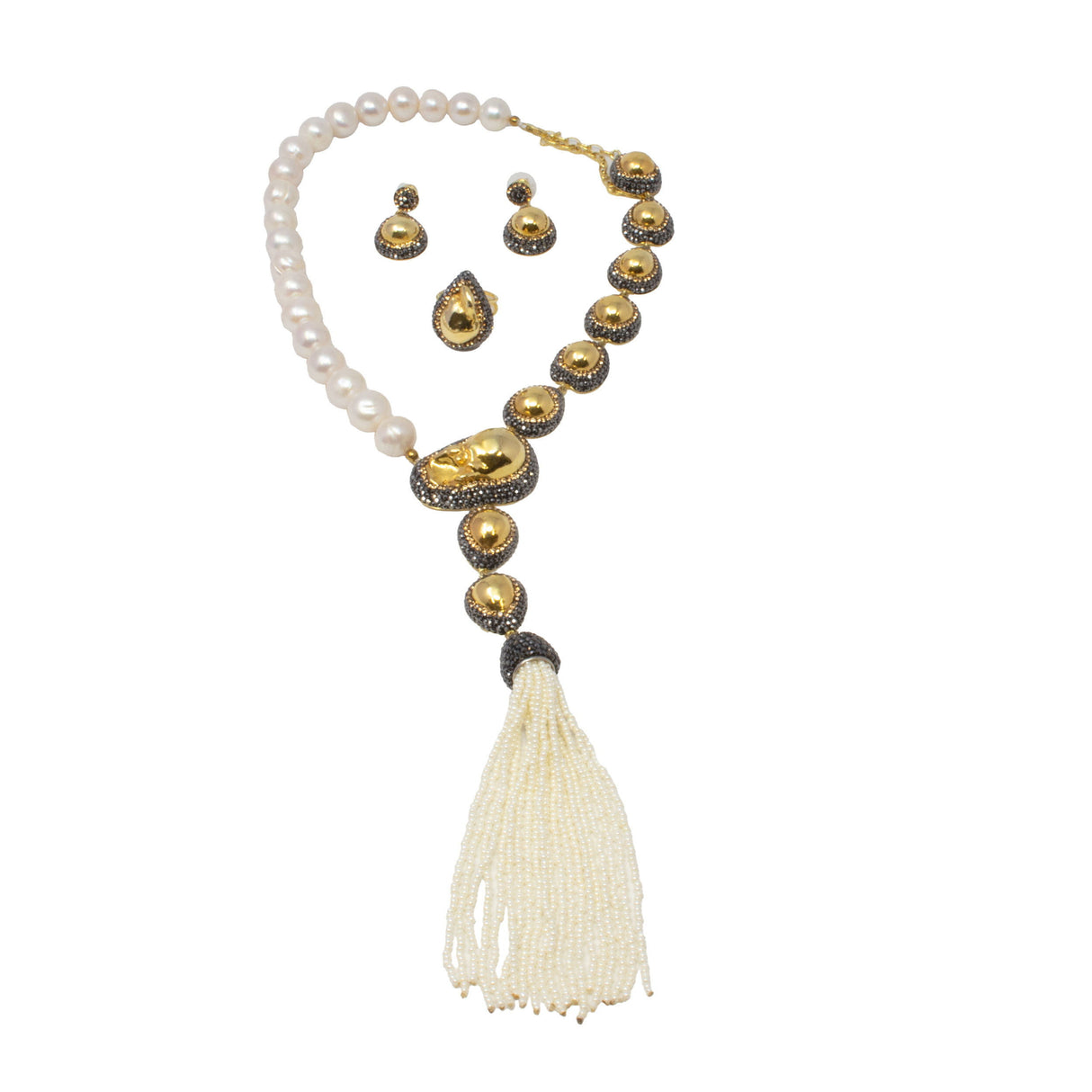 Baroque Pearl Set (Necklace; Earrings; Ring) - Half Gold Vermeil Pearls with Marcasite & Half Pearl Beads Necklace with Mini Pearls Tassel - Matching Ring & Dangle Post Earrings with Marcasite & Gold Swarovski Crystals