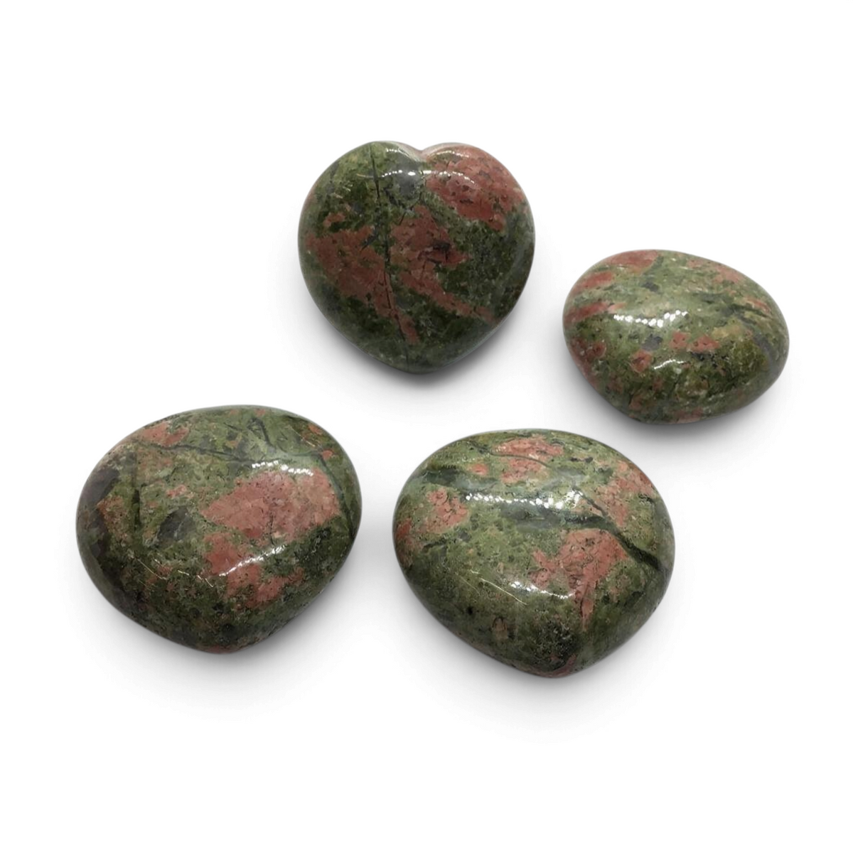 Rare Earth Gallery polished unakite heart stones from Canada featuring green and pink mottled patterns