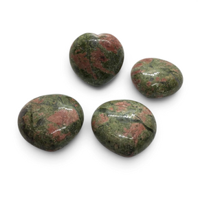 Rare Earth Gallery polished unakite heart stones from Canada featuring green and pink mottled patterns