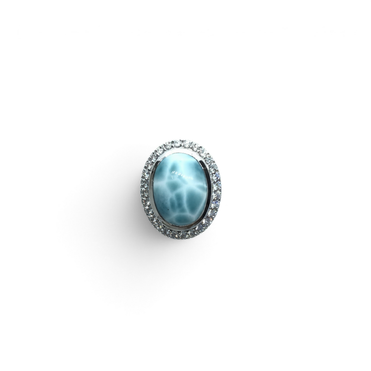 Rare Earth Gallery oval larimar cabochon ring with white crystal pave halo set in 925 sterling silver