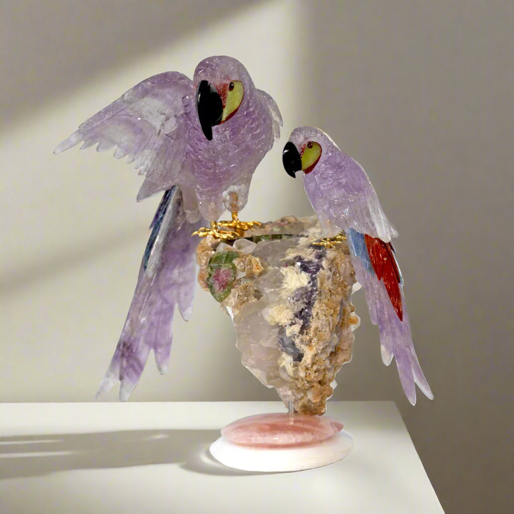 Amethyst Macaw Pair Perched on Watermelon Tourmaline Crystal Base