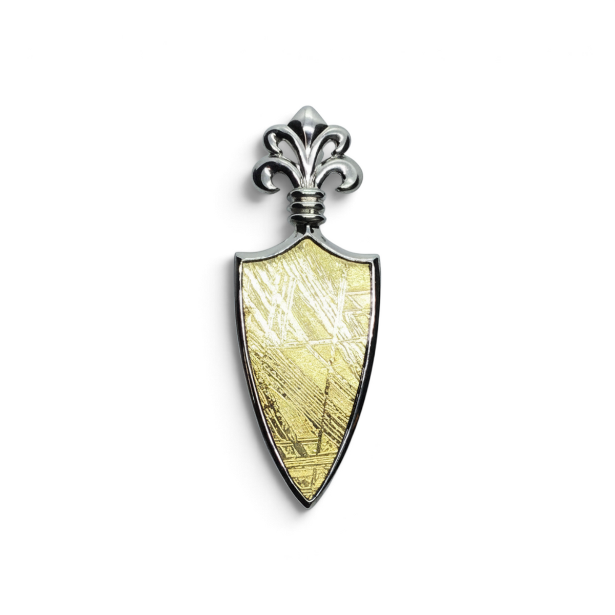 Rare Earth Gallery Muonionalusta meteorite shield pendant with gold plating and fleur de lis in sterling silver