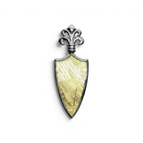 Rare Earth Gallery Muonionalusta meteorite shield pendant with gold plating and fleur de lis in sterling silver
