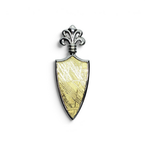 Rare Earth Gallery Muonionalusta meteorite shield pendant with gold plating and fleur de lis in sterling silver