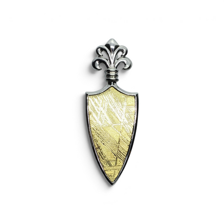 Rare Earth Gallery Muonionalusta meteorite shield pendant with gold plating and fleur de lis in sterling silver