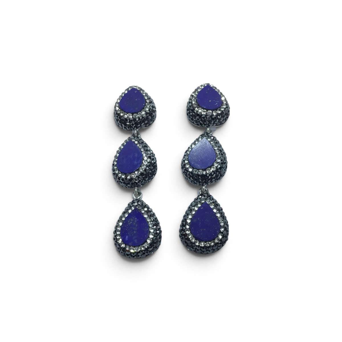 Rare Earth Gallery lapis lazuli drop earrings with three flat pear-cut stones in marcasite and crystal pave bezels