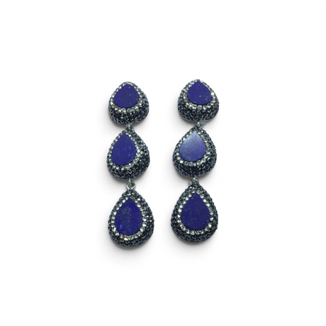 Rare Earth Gallery lapis lazuli drop earrings with three flat pear-cut stones in marcasite and crystal pave bezels