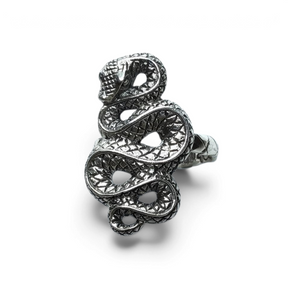 Rare Earth Gallery sterling silver snake ring featuring a detailed coiled serpent design with textured scales.