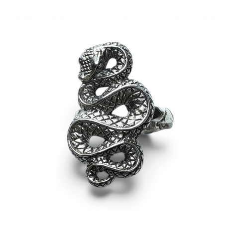 Rare Earth Gallery sterling silver snake ring featuring a detailed coiled serpent design with textured scales.