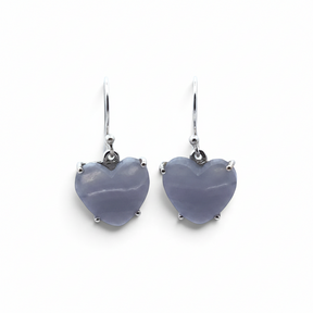 Rare Earth Gallery blue lace agate heart-shaped cabochon dangle earrings in 925 sterling silver prong settings.