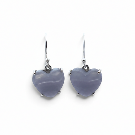 Rare Earth Gallery blue lace agate heart-shaped cabochon dangle earrings in 925 sterling silver prong settings.