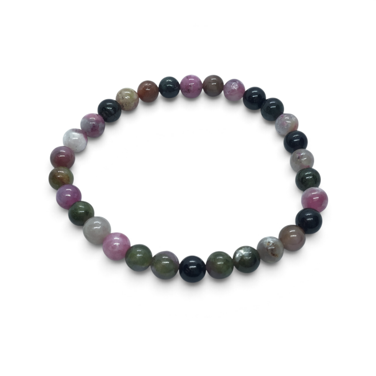 Rare Earth Gallery multi-colored tourmaline 6mm beaded bracelet featuring polished gemstone beads in various hues.