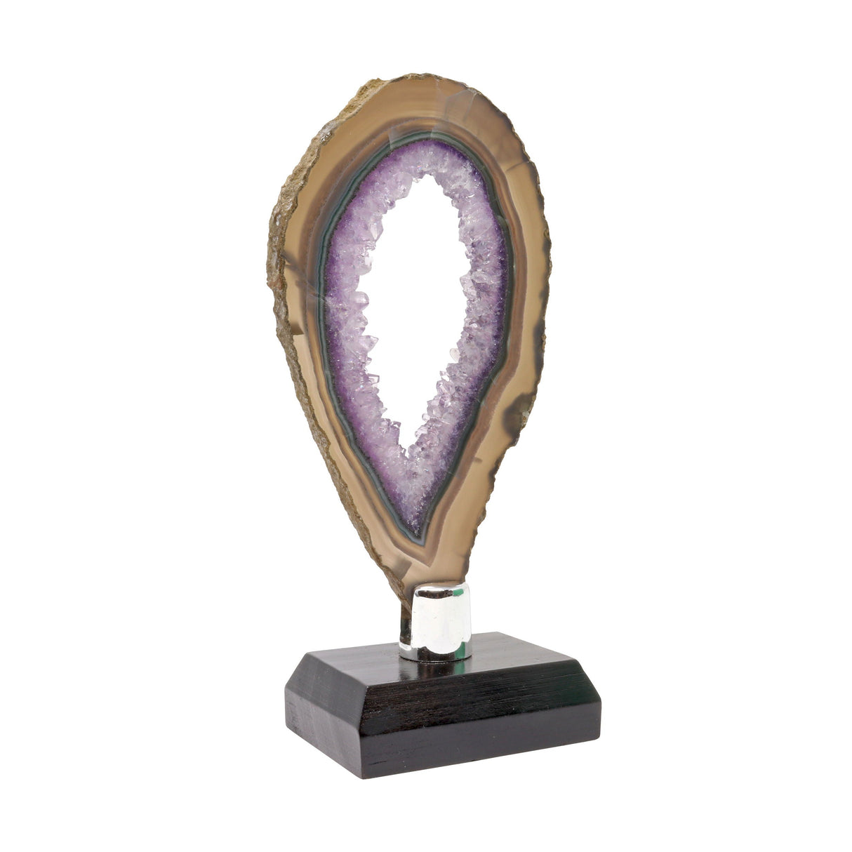 Agate Slice - Amethyst with Void Center Brown & Green Exterior on Wooden Screw Stand