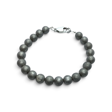 Rare Earth Gallery 8-inch Muonionalusta meteorite beaded bracelet with 8mm grey metallic beads and a lobster clasp.