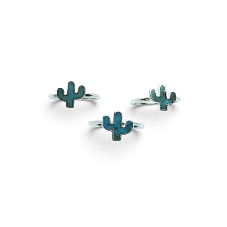 Rare Earth Gallery sterling silver rings featuring turquoise cactus-shaped bezel settings