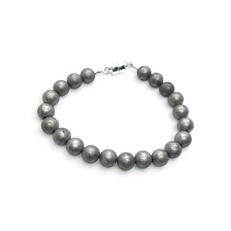 Rare Earth Gallery 8-inch Muonionalusta meteorite beaded bracelet with 8mm beads, magnetic clasp, and safety chain.