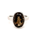 Smoky Quartz Ring Size 5 - Faceted Oval with Raised Silver Cutout Bezel & Tapered Band