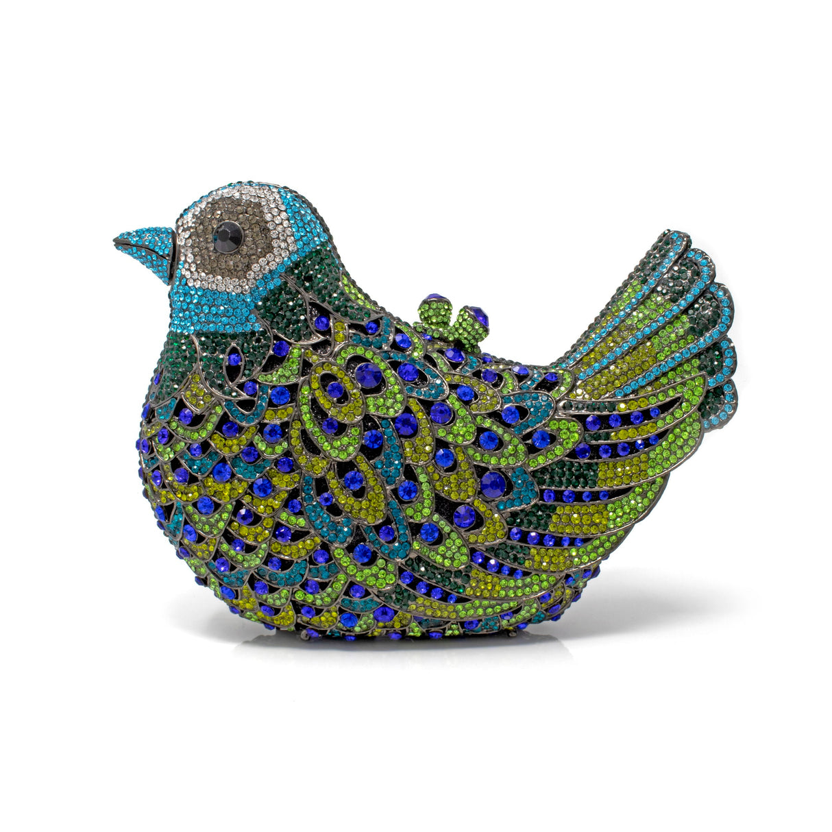 Peacock Colors Bird Crystal Purse with Chain - Black Eyes Oxidized Tone