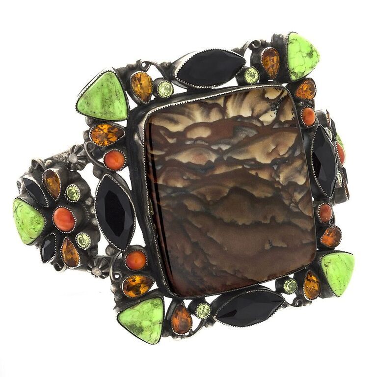 Leo Feeney Picture Jasper Cuff Bracelet - Clouds with Onyx, Green Turquoise, Citrine, Peridot & Spiny Oyster