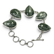 Rare Earth Gallery seraphinite link bracelet featuring five pear-shaped cabochons set in polished silver bezels.