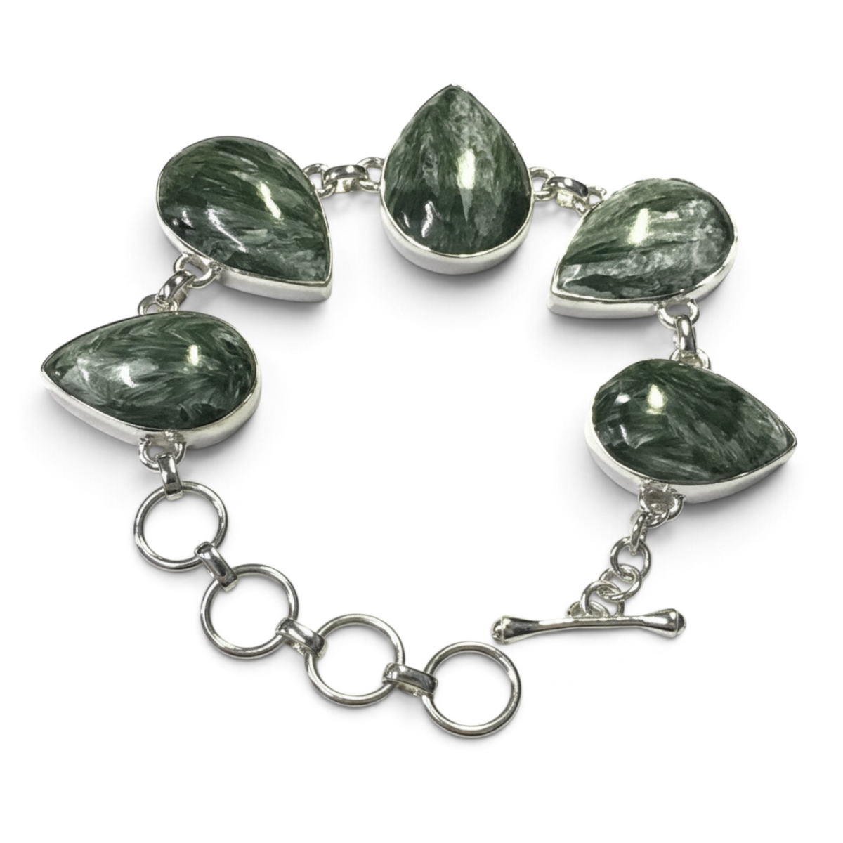 Rare Earth Gallery seraphinite link bracelet featuring five pear-shaped cabochons set in polished silver bezels.