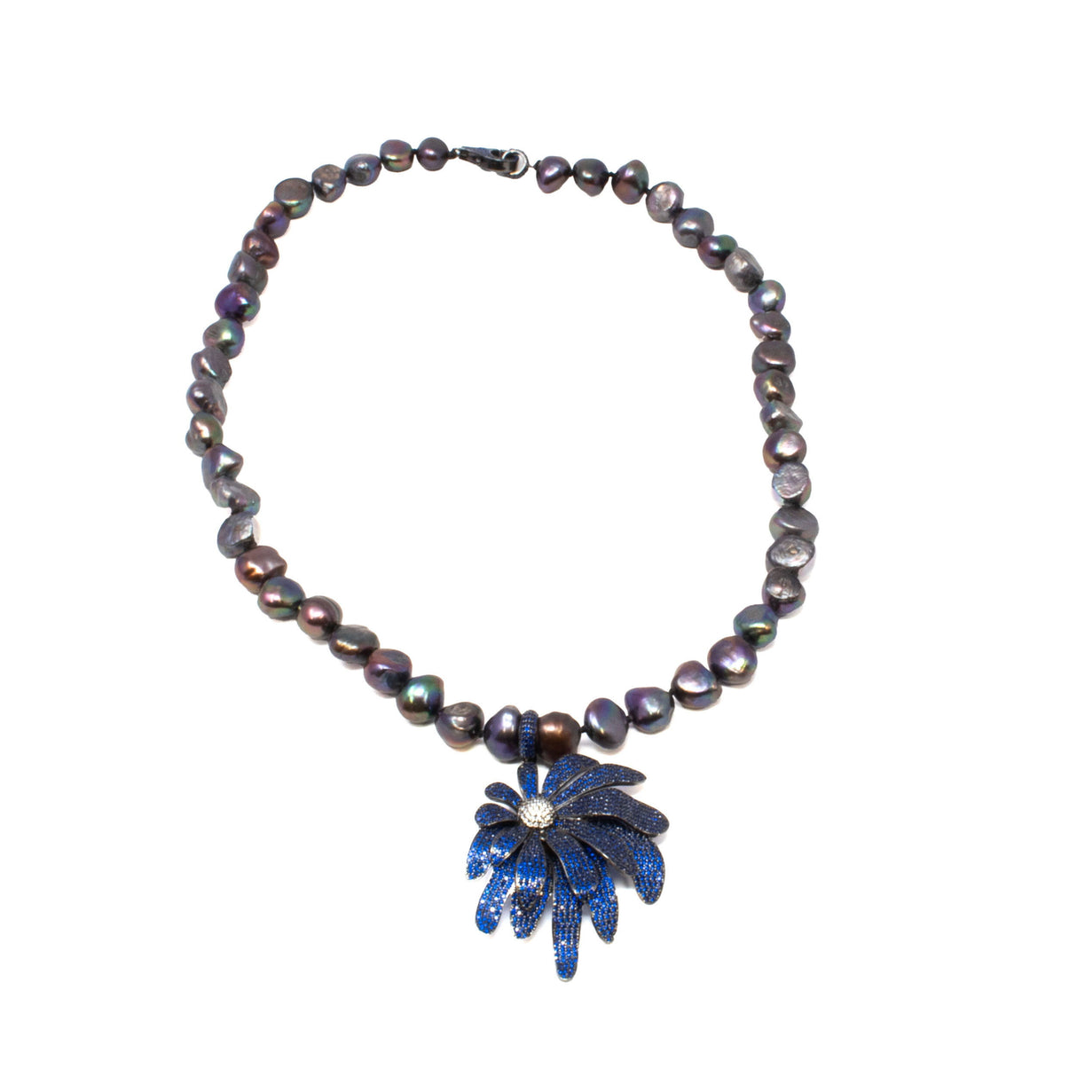 Tahitian Pearl Necklace - Tahitian Pearls with Removable Blue & Clear Swarovski Crystal Flower in Dark Finish over 925 Sterling Silver