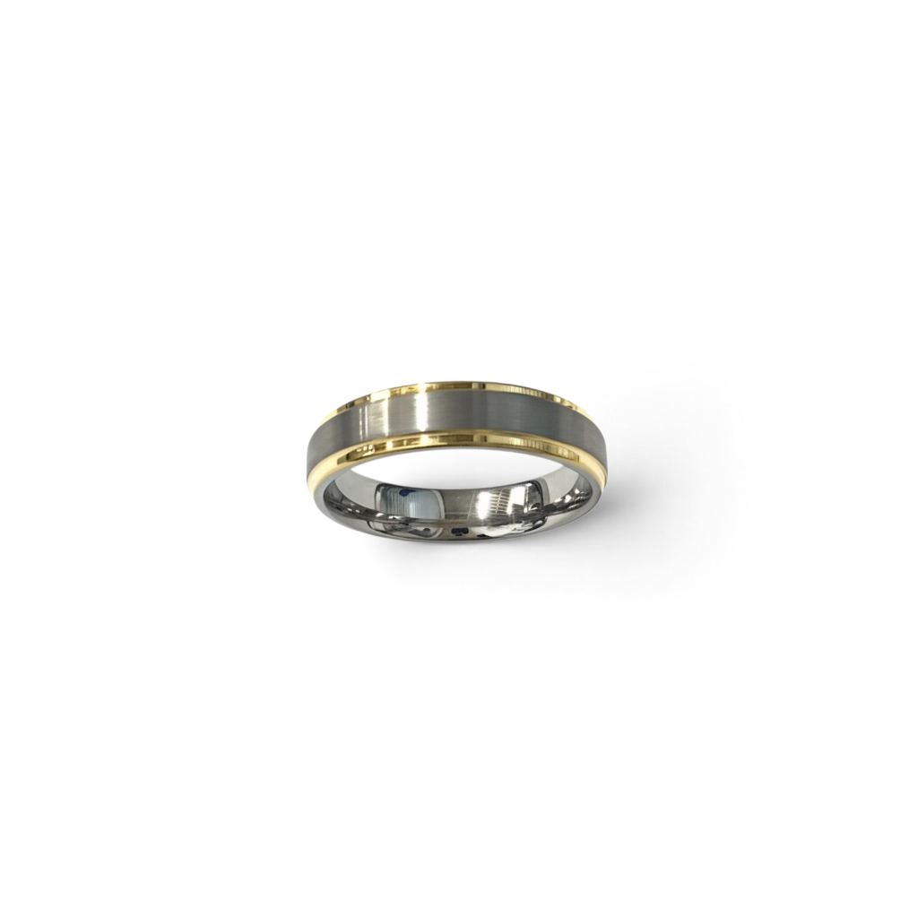 Rare Earth Gallery 6mm tungsten ring featuring a brushed grey center with polished yellow gold plated edges