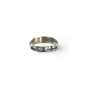 Rare Earth Gallery 6mm tungsten ring featuring a brushed grey center with polished yellow gold plated edges
