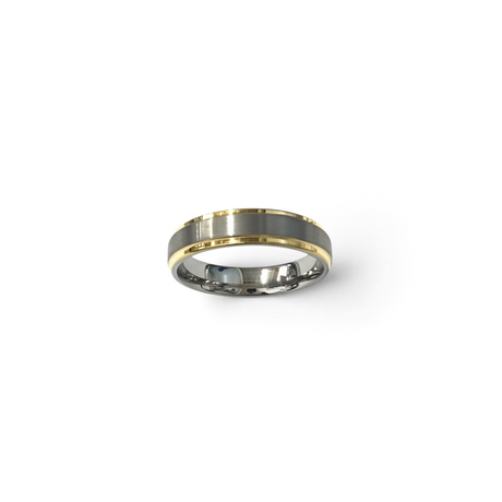 Rare Earth Gallery 6mm tungsten ring featuring a brushed grey center with polished yellow gold plated edges